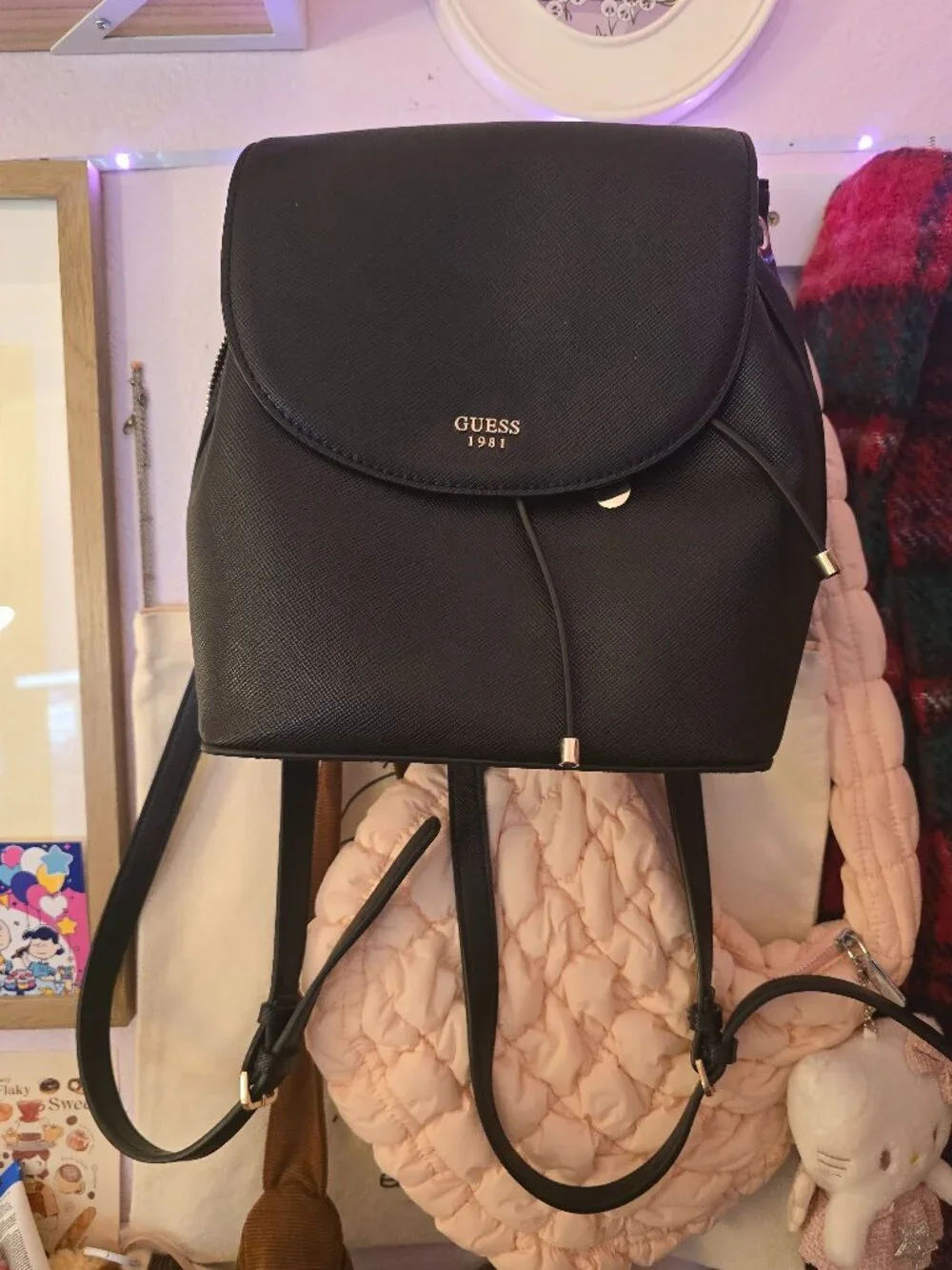 GUESS 1981 Black Faux Leather Backpack Purse Gold Hardware Drawstring EUC